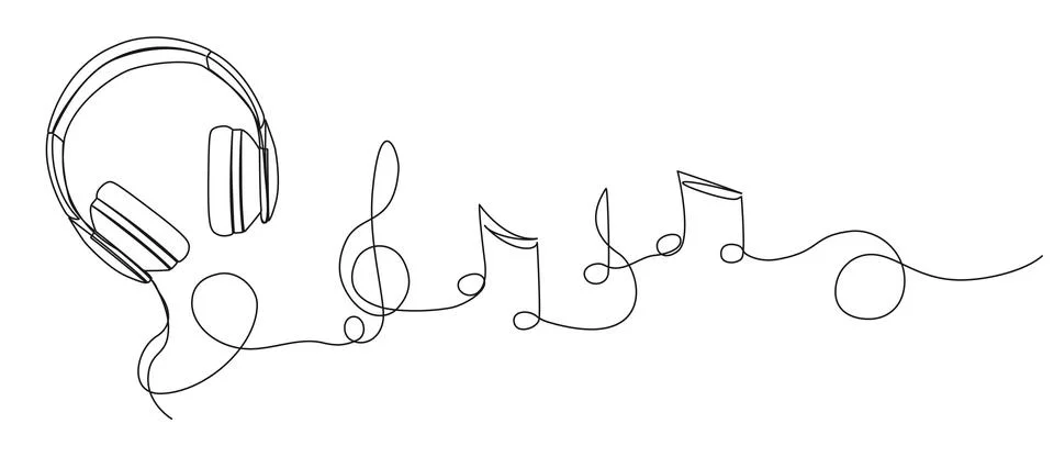 Continuous single line drawing of stereo headphones and sheet music musical イラスト素材