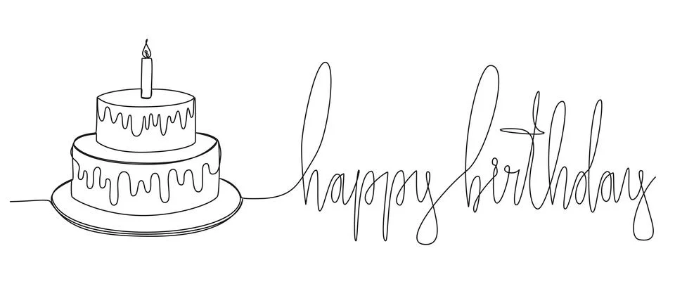 Continuous single line drawing of text HAPPY BIRTHDAY and birthday cake イラスト素材