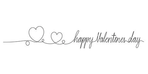 Continuous single line drawing of words HAPPY VALENTINES DAY and heart shapes Illustrazione stock