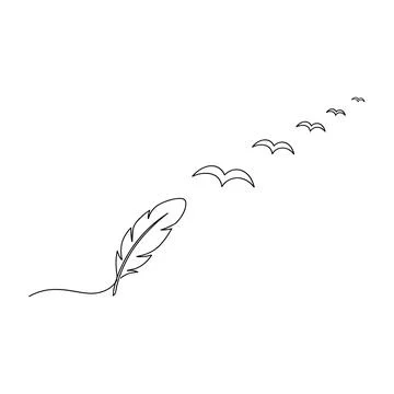 Continuous single line of a feather floating in the air followed by a flock.. Stock Illustration
