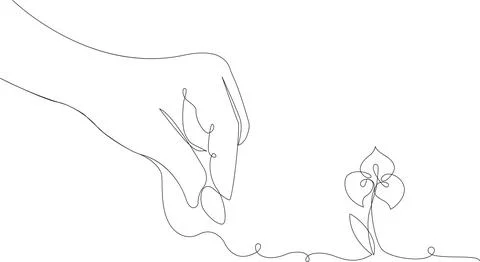 A continuous single line of a human hand planting a small blooming flower i.. Stock Illustration