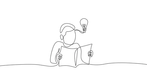 Continuous single line of man reading book with bulb on head Stock Footage 227543702