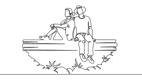 Continuous single one drawn line of the  character tourists sitting loving co Stock Footage 99672572