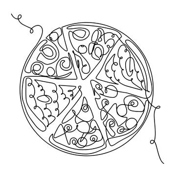 Continuous thin pizza line. Vector illustration of pepperoni pizza in one line Stock Illustration