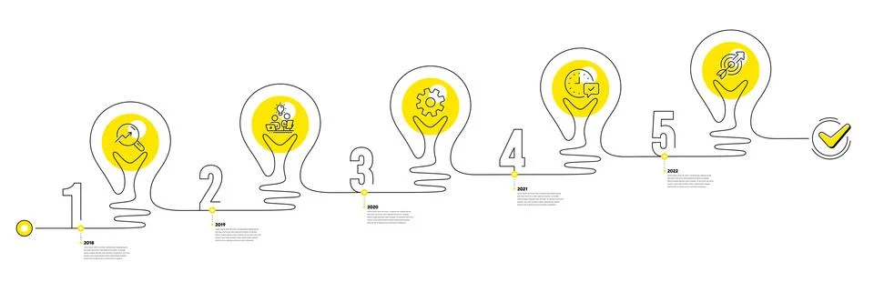 Continuous timeline with lamp light bulbs and icons. 5 steps idea journey path Stockillustratie