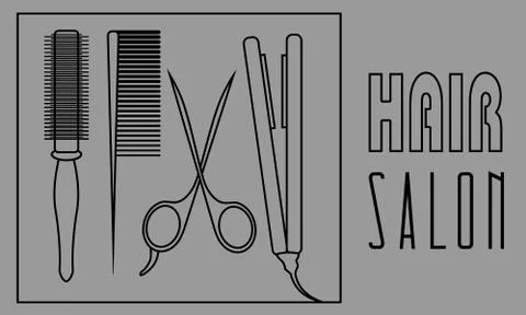 Contour barber tools on grey background: round comb, hairbrush, scissors and  Stock Illustration
