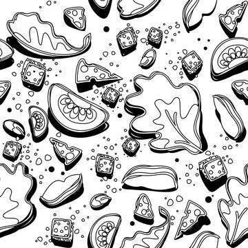 Contour black-white seamless pattern of Caesar salad Stock Illustration