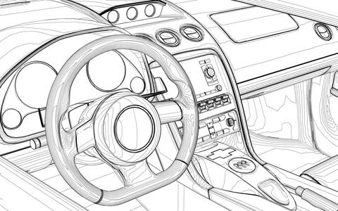 The contour of the car interior inside from black lines isolated on a white Stock Illustration