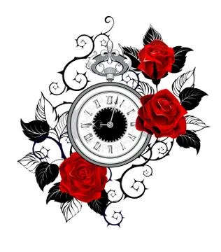 Contour clock with red roses Stock Illustration