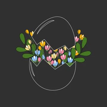 Contour Cracked Eggshell and Flowers Doodle Chalk Effect Unusually Creative 스톡 일러스트