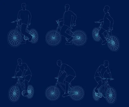 Contour cyclist vector. collection of outline of people cycling in different Illustrazione stock