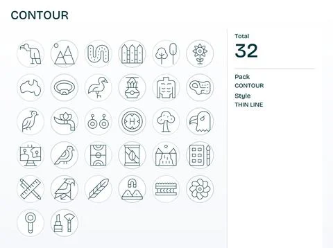 Contour Design Vector Icons featuring 32 Pixel Optimized Thin Line Style Stock Illustration