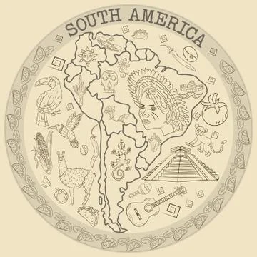 Contour drawing 1 coloring on the theme of South America, animals, people, bu Stock Illustration