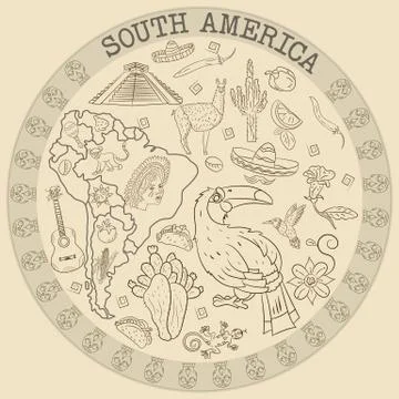 Contour drawing 4 coloring on the theme of South America, animals, people, bu Stock Illustration