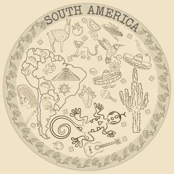 Contour drawing 5 coloring on the theme of South America, animals, people, bu Stock Illustration