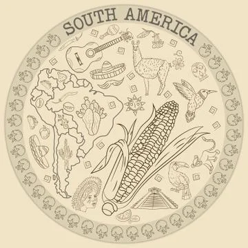 Contour drawing 7 coloring on the theme of South America, animals, people, bu Stock Illustration