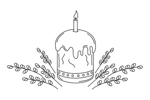 Contour drawing of Easter cake with candle and willow branches 스톡 일러스트