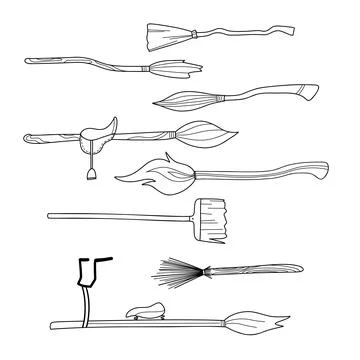 Contour drawings, halloween elements set witch s broom 스톡 일러스트