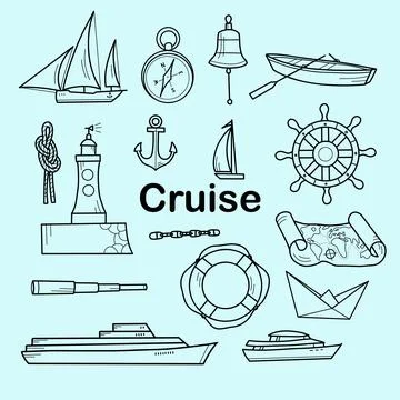 Contour drawings, a set of cruise elements Stock Illustration