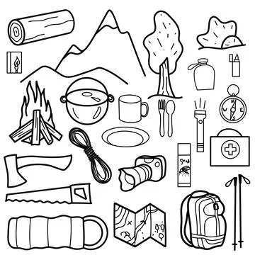 Contour drawings, set of elements for hiking, camping Stock Illustration