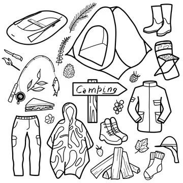 Contour drawings, set of elements for hiking, camping Stock Illustration