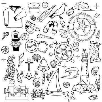 Contour drawings, set of elements of sea travel, cruise, lighthouse, sail, an Stock Illustration
