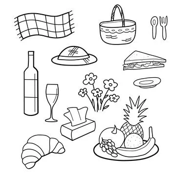 Contour drawings, a set of picnic elements a basket, a plaid, fruits, dishes Stock Illustration