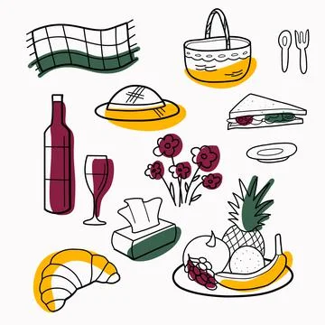 Contour drawings, a set of picnic elements a basket, a plaid, fruits, dishes, Stock Illustration