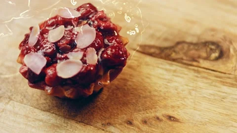 Contour effect of Basket cake with raspberry berries and pink chocolate petals Stock Footage 231250529