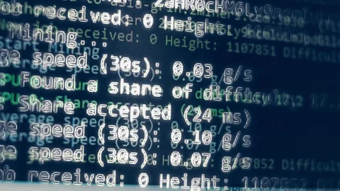 Contour effect of Cryptocurrency mining on a computer screen. The algorithm of Stock-Footage 240168571