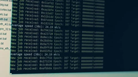 Contour effect of Cryptocurrency mining on a computer screen. The algorithm of Stock-Footage 240168601