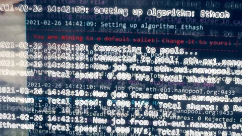 Contour effect of Cryptocurrency mining on a computer screen. The algorithm of Stock-Footage 240170532