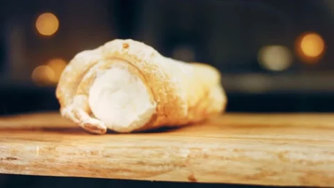 Contour effect of Puff pastry with cream. The cake is round in shape. Macro Stock Footage 231249672