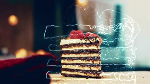 Contour effect of a slice of strawberry and raspberry cake and slices pressed Stock Footage 231040628