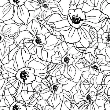 Contour floral seamless pattern with drawing flowers on white Stock Illustration