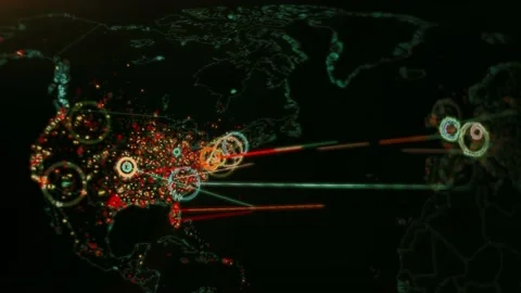 Contour highlighting effect of World map with different targets for cyber attack Stock Footage 232384025