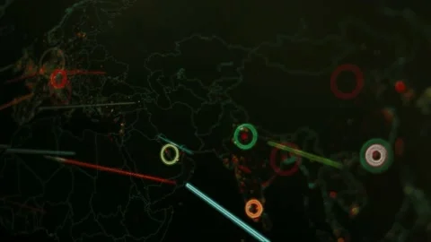 Contour highlighting effect of World map with different targets for cyber attack Stock Footage 232384089