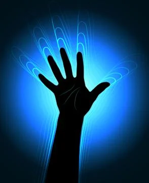 The contour of the human hand with the glowing waves leaving it Illustrazione stock