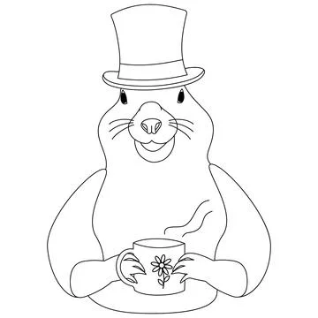 Contour image of the groundhog in a hat with a steaming cup in his paws with a Stock Illustration