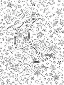 Contour image of moon crescent clouds, stars on the sky in zentangle inspired Illustrazione stock