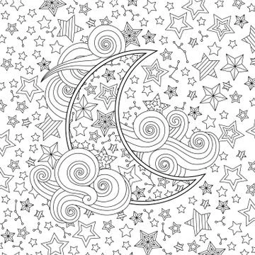 Contour image of moon crescent clouds, stars in zentangle inspired doodle style Stock Illustration