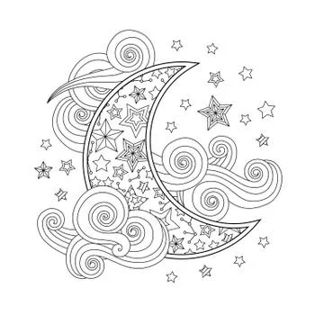 Contour image of moon crescent clouds stars in zentangle inspired doodle style Illustrazione stock