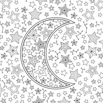 Contour image of moon crescent in starry sky. Zentangle inspired doodle style Stock Illustration