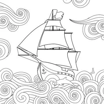 Contour image of sailing ship on the wave in zentangle ispired doodle style Illustrazione stock