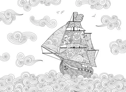 Contour image of sailing ship on the wave in zentangle inspired doodle style Stock Illustration