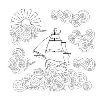Contour image of ship on the wave, cloud, sun in zentangle inspired doodle style Stock Illustration