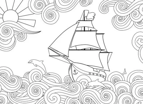 Contour image of ship on the wave in zentangle ispired doodle style. Horizontal Stock Illustration