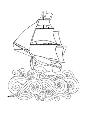 Contour image of ship on the wave in zentangle ispired doodle style isolated on Stock Illustration