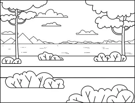 Contour landscape with a river, trees, mountains, a forest across the river. Stock Illustration