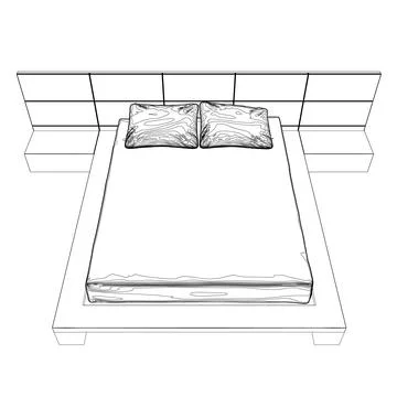 Contour line drawing of double bed. Modern comfortable luxury furnitures for Illustrazione stock